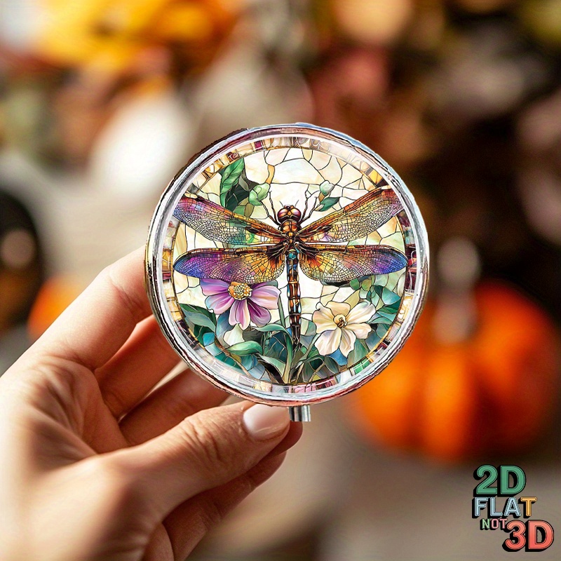 TEMU 1pc 2d Flat Portable Round Metal Pill Box Featuring An Ultra Hd Stained-glass Dragonfly With Design Perfect For Organizing Your Medications And