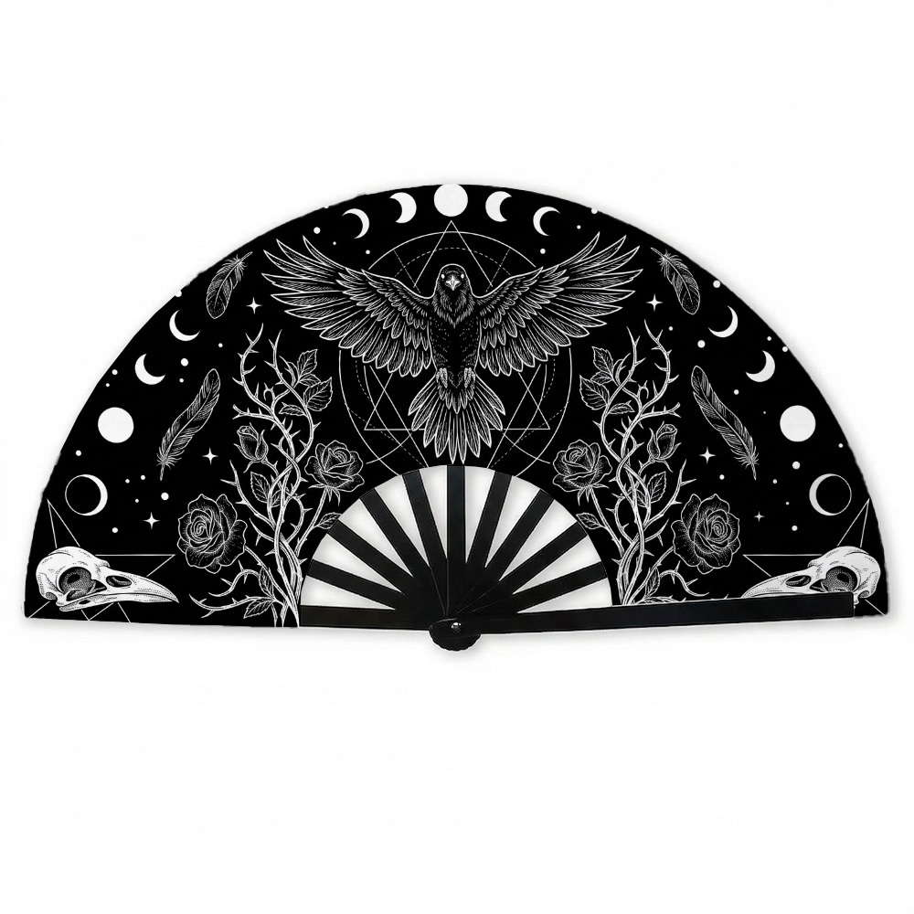 Image of 1pc Dark Botanical Folding Hand Fan And Lunar Thistle Garden Suitable For Indoor Wall Decoration, Parties, Anniversaries, Weddings, As Well As A Prop For