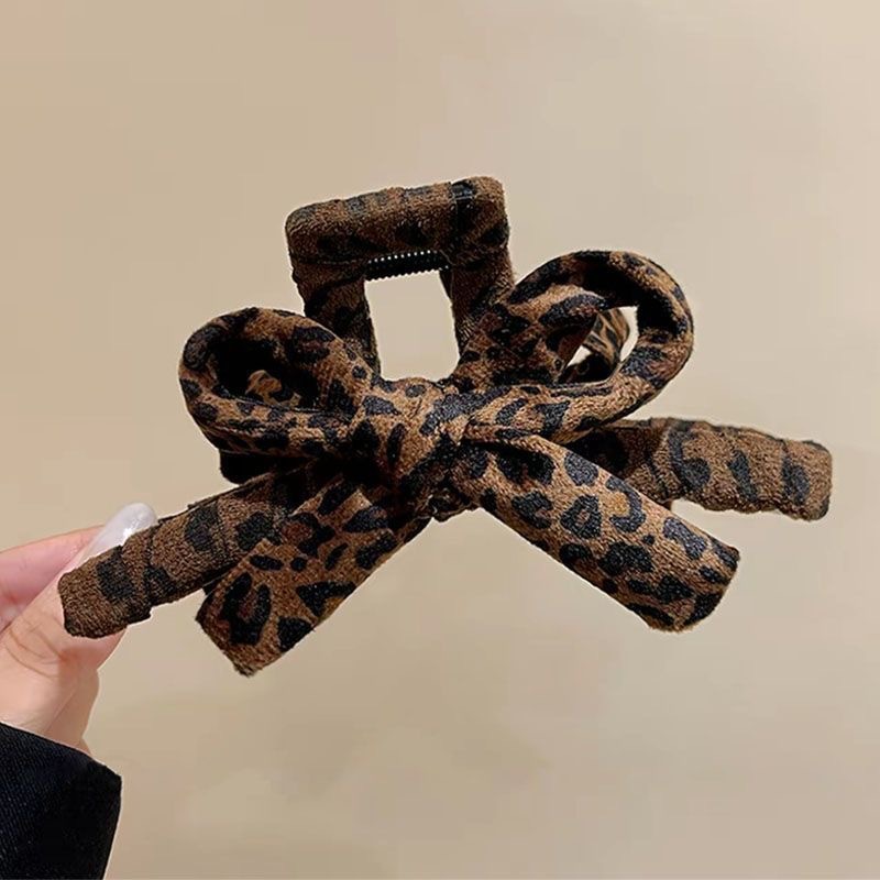 TEMU 1pc Large Women's Leopard Print Bow Shark Clip Hair Clip - Tortoiseshell-like Black/brown Bow & Golden-tone Large Hair Accessory For Ponytails,