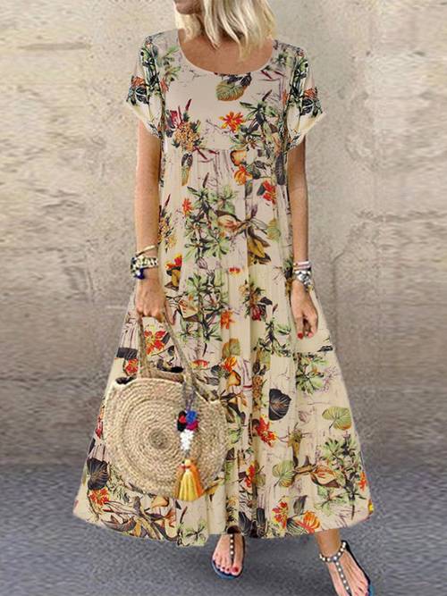floral print vintage short sleeve crewneck dress women loose comfortable elegant versatile spring summer wear