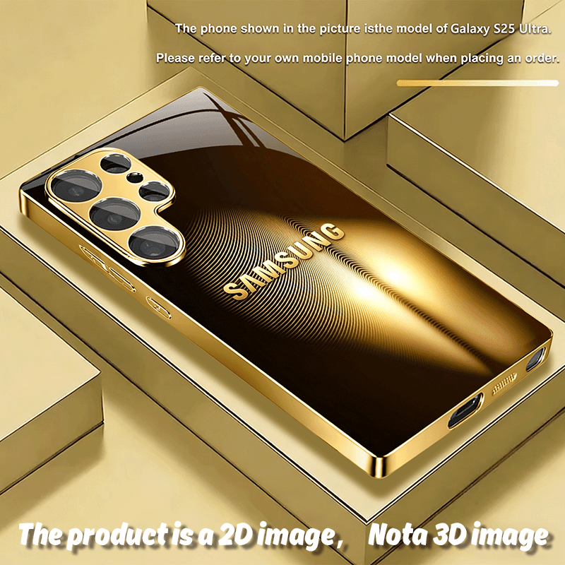 TEMU Phone Case: [2d Printed] Black And Golden Gradient Wave Light Effect Pattern Electroplated Tempered Glass Phone Case For Galaxy S26 Ultra/s25