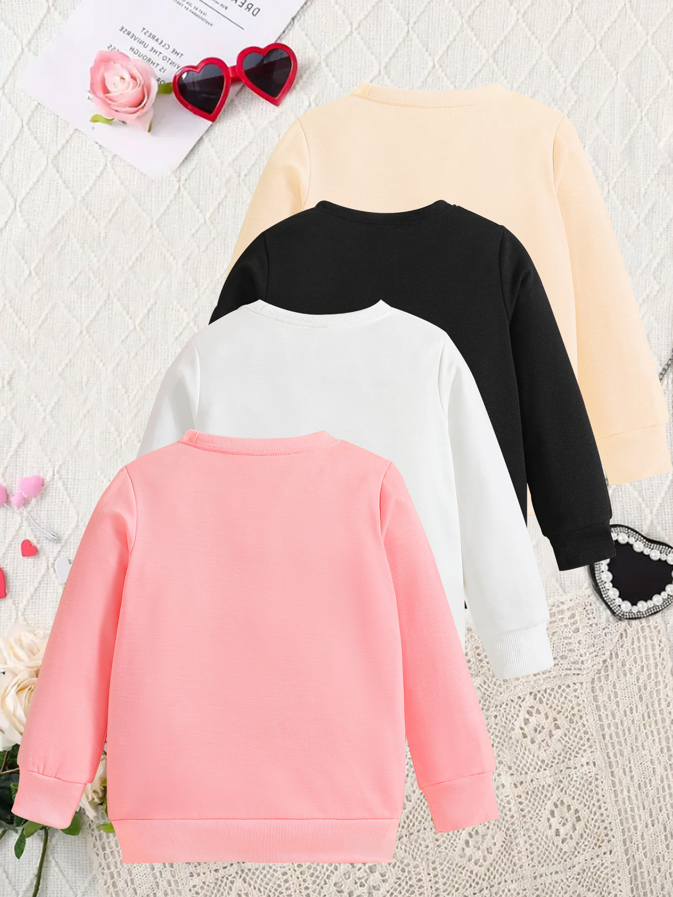 4-delige Meisjes Winter Trui Set - Schattige Bel & Strik Letter Print Ronde Hals Zachte Blouses voor Uniform