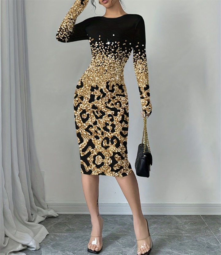 新款秋冬装连身裙时尚豹纹渐变印花圆领长袖中长款连衣裙 商品详情 1