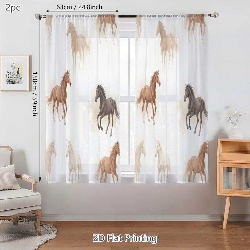 TEMU 2d Flat, 2pcs Panel Watercolor Horse Sheer Curtains Suitable For, Semi-sheer Window Panels With Rod Pocket,, Soft Hues & Background, Machine