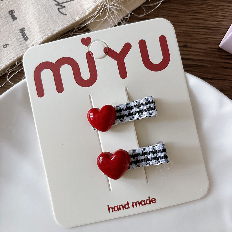 TEMU Set Of 2 Hairpins For Featuring A Korean Design With Red Heart Plaid And Strawberry Cherry Embroidery, Perfect For Holding Bangs