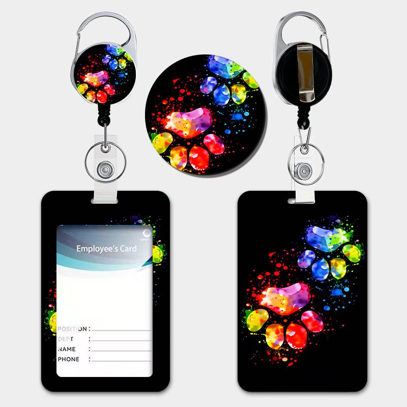 TEMU Colorful Ink Splatter Paw Print Art Pattern Holder Set, Equipped With A Pull-tab Retractable Lanyard And Keychain. Durable Plastic Card Holder