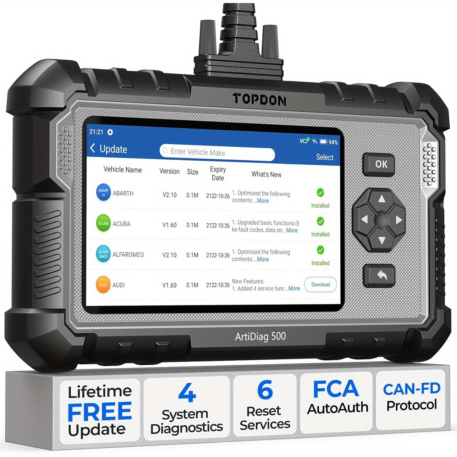 TOPDON AD500 OBD2 Scanner Car Diagnostic Tool, Engine ABS SRS Transmission Diagnostic Tool, FCA Auto Certified, CAN FD Protocol, Oil/Throttle/SAS/TPMS/BMS/EPB Reset Car Scanner, Free Upgrade DIY