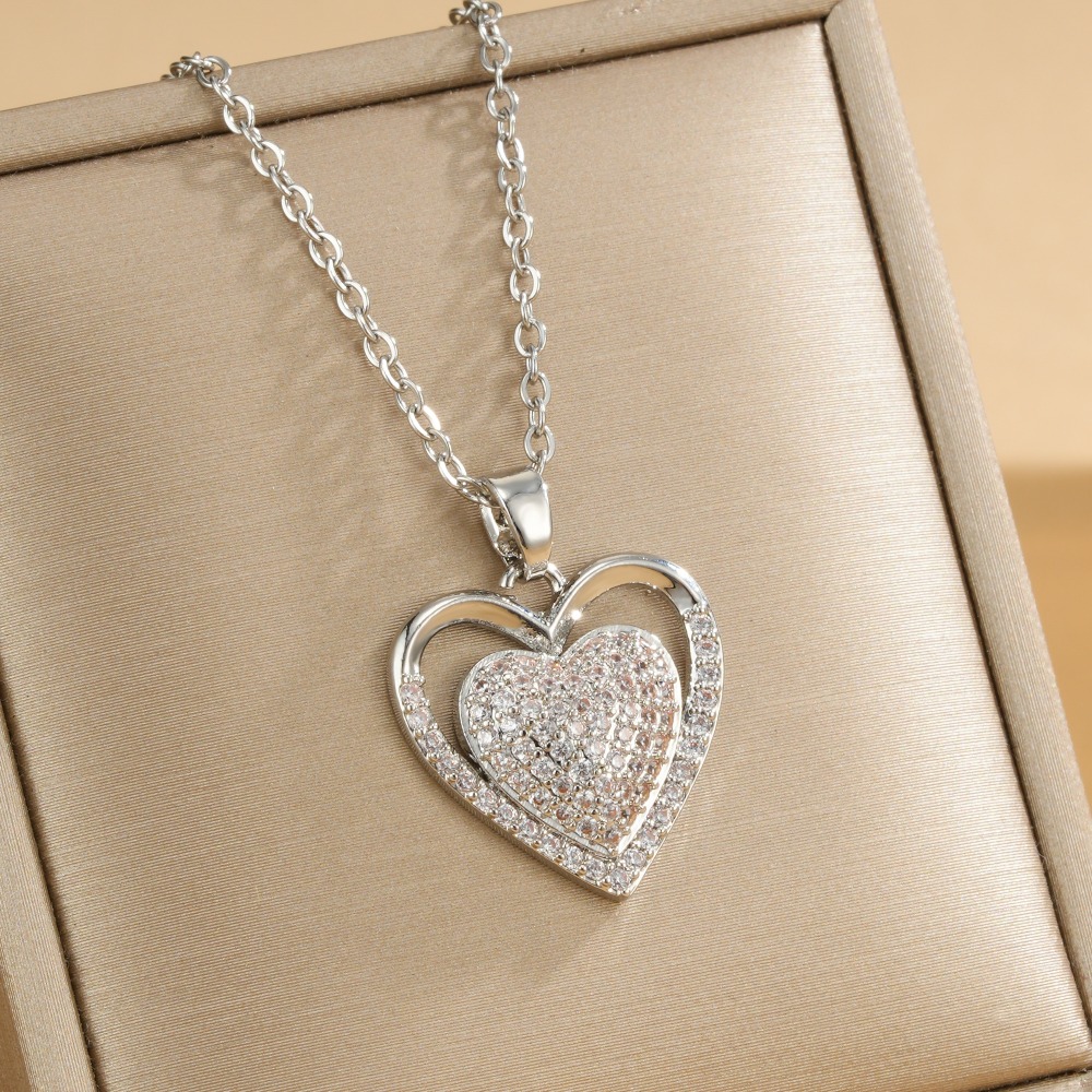 TEMU Collana con ciondolo a cuore oro 14K, rame con ciondolo a cuore a con zirconi cubici sintetici micro-incastonati, catena a cavo in acciaio