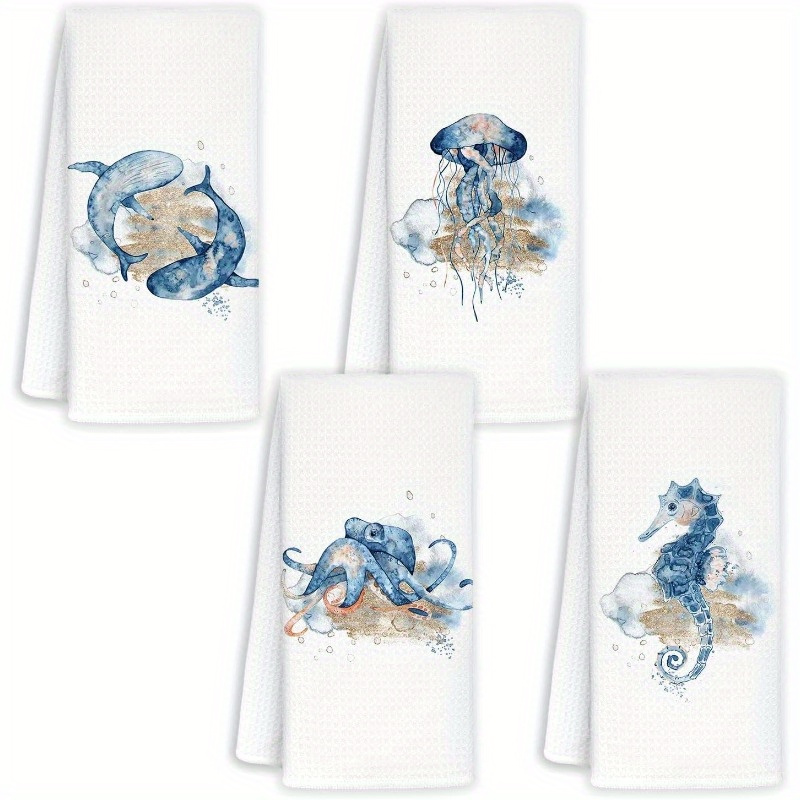 

4pcs Set Of Polyester Kitchen Towels - Coastal & Ocean Themed With Whale, Jellyfish, Octopus, - Bathroom Decor, Machine Washable