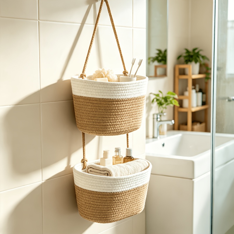 TEMU LDQ à 2 Niveaux Style Bohème aux - Étagère Murale en Corde Tressée avec Étagère de Rangement en Tissu, Organisateur Vertical Encombrant pour