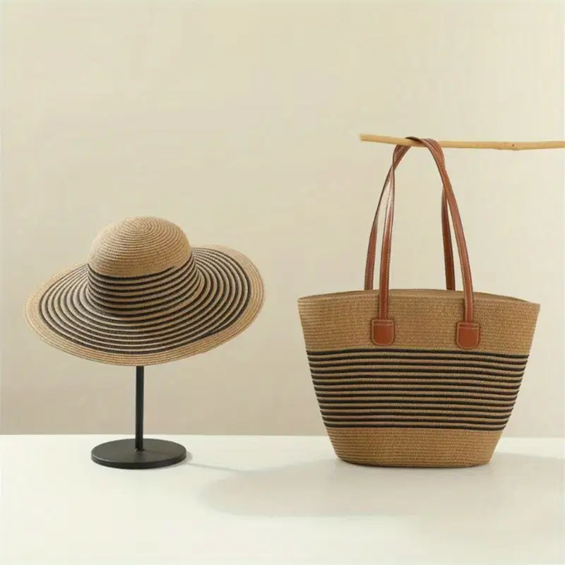 chapeau de paille pour femmes avec sac , chapeau de plage rayé dété à large bord et protection solaire pour en extérieure détails 3