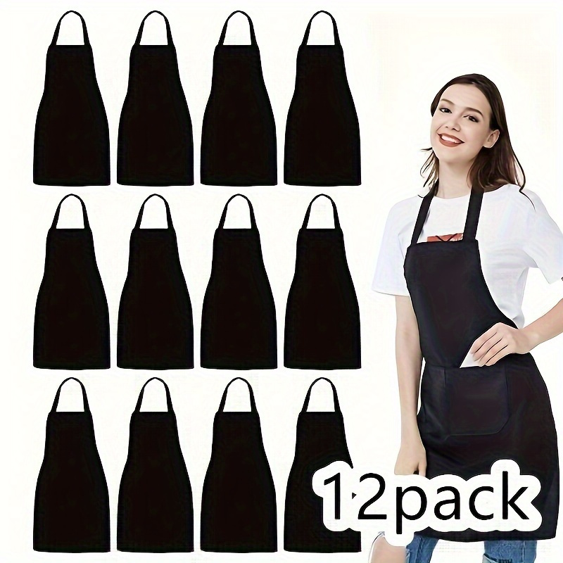 12-Pack Black Aprons with Wide Pockets, Machine Washable, Multi-Use for Kitchen, Crafts, BBQ - Durable /Polyester Blend