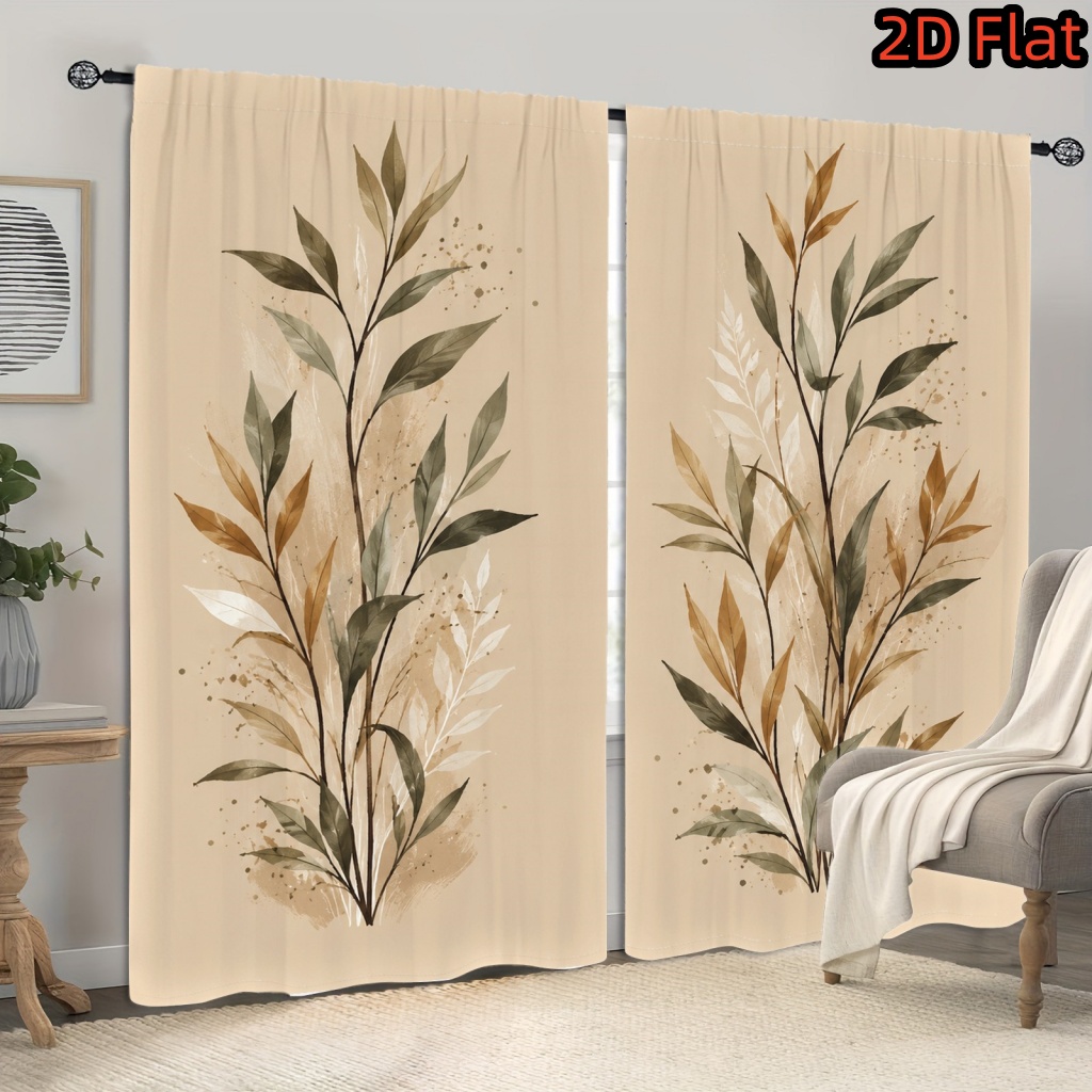 Image of 2d Flat, 2d Flat 2pcs Botanical Leaf Design Light Filtering Curtains, Boho Plant Pattern, Rod Pocket, Decor For Living Room Bedroom Dormitory, 2d Flat