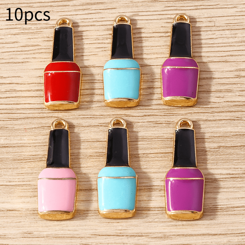 TEMU 10pcs Breloques de Bouteille de Vernis à Ongles Émaillé , Pendentifs de Vernis à Ongles Colorés de Ton Doré pour la Fabrication de Bijoux pour