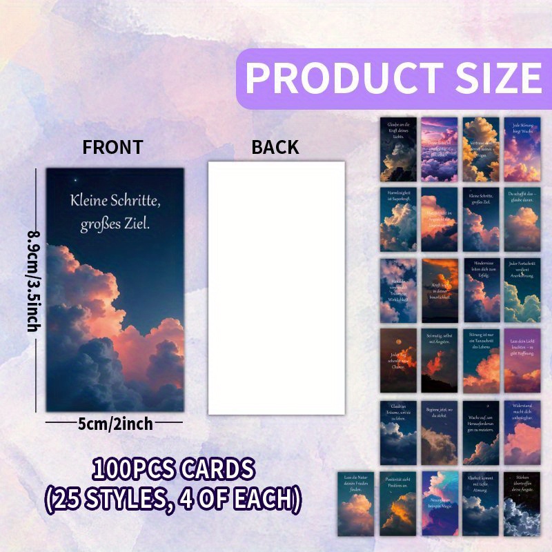 TEMU Set mit 100 deutschem Motivationszitaten-Karten - Mit 25 unterschiedlichen Designs, 4 Exemplaren jeder, geschmückt mit wunderschönen Himmel- und