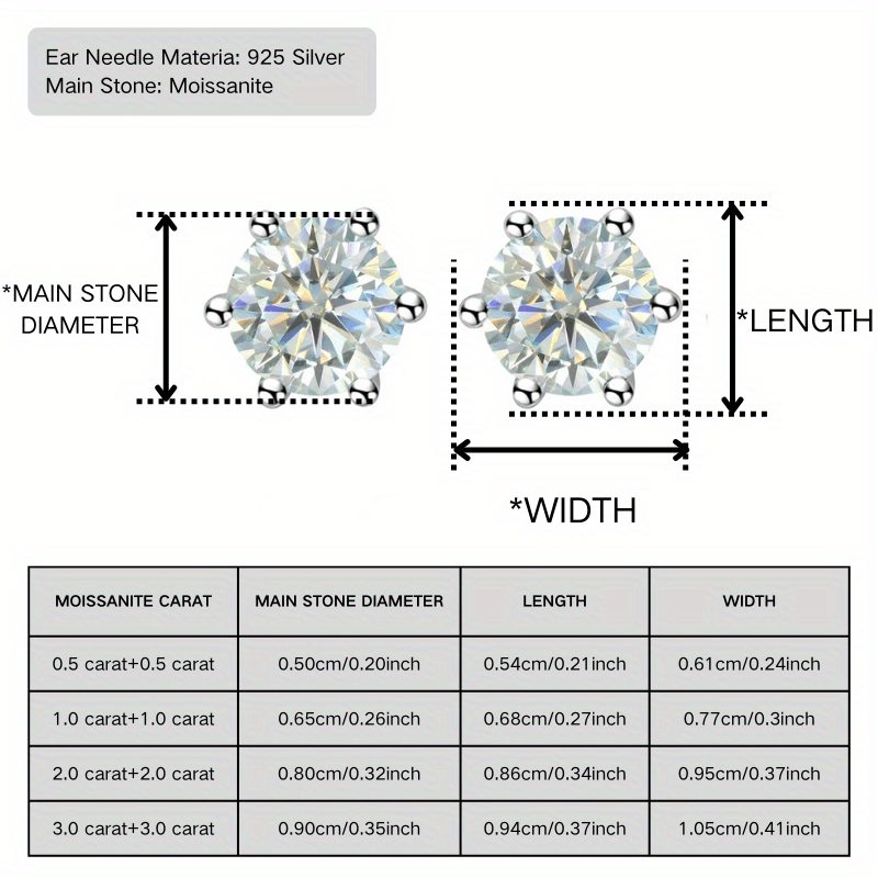 Women's 0.5/1/2/3 Carat Moissanite Stud Earrings in 925 Silver