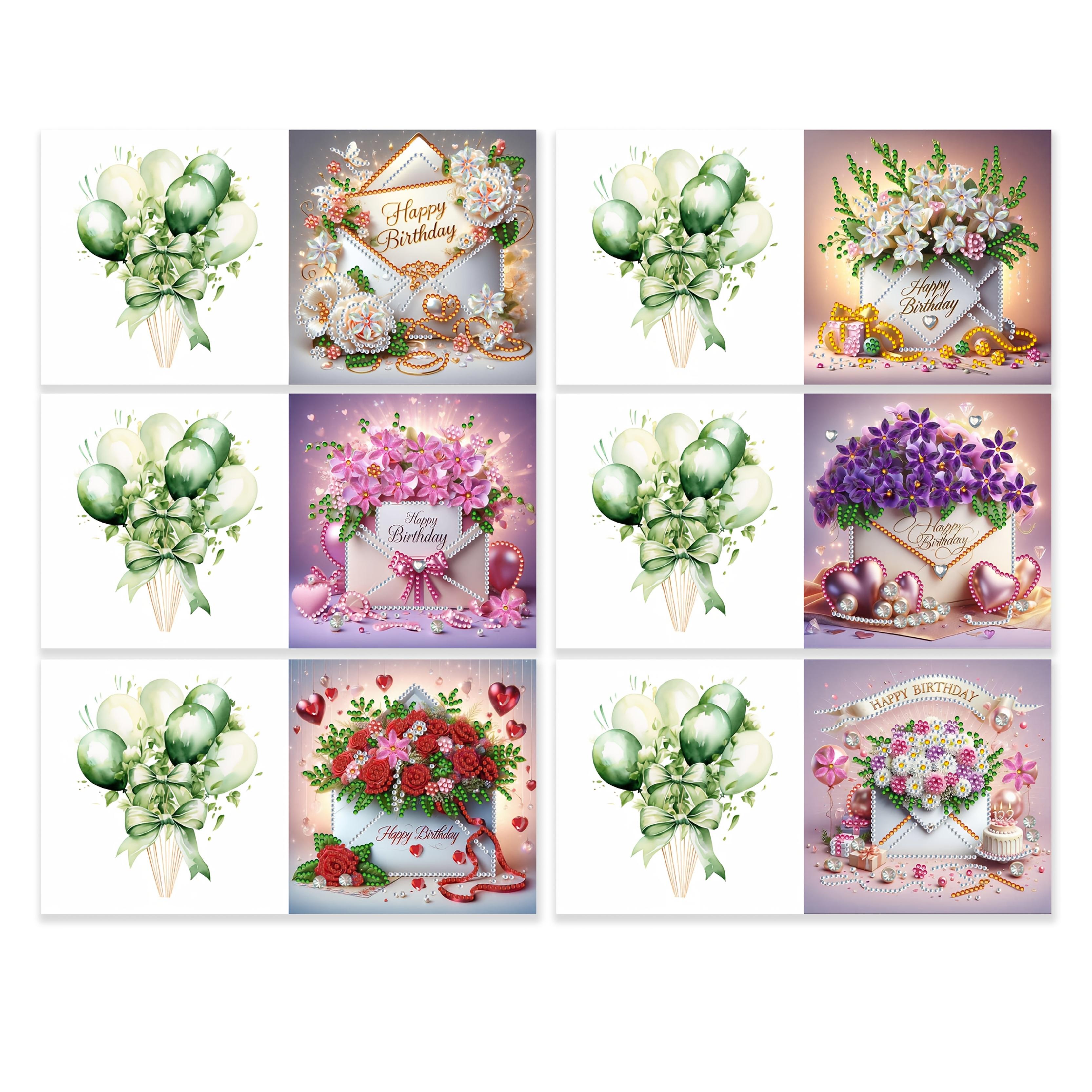 TEMU 6pcs 5d Diamond Painting Greeting Card Set - Floral Envelope Birthday Theme, Unique Irregular-shaped Acrylic Diamonds, Handmade Shiny Cards With