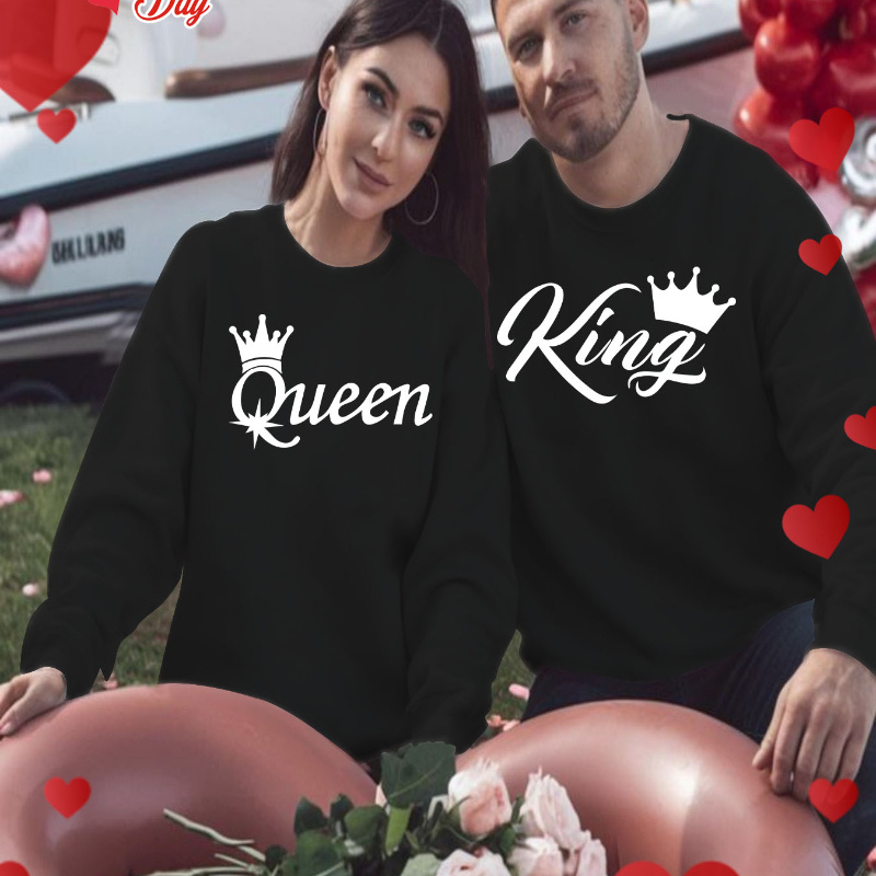 

Couple's Valentine's Day Heart Printed Queen Lettering Casual Crew Neck Pullovers, 100% Polyester Stretch Knit Fabric, Fashionable Apparel