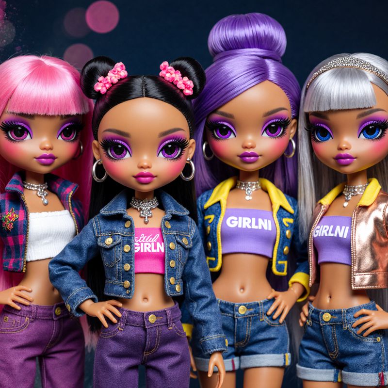 TEMU 4 Dolls Diamond Painting, 11.8x11.8in Pink Lights Background, Colorful Outfits With Denim Jackets, Hair, Makeup, For Home Wall Decor & Craft