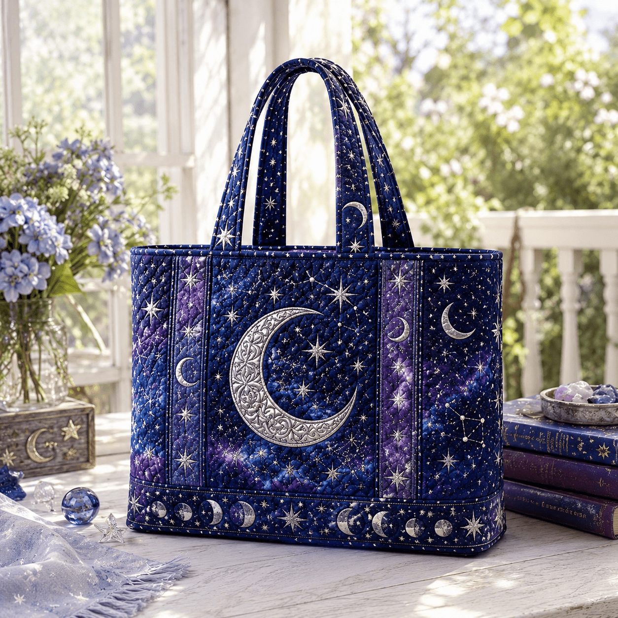 Women' Celestial & Stars Quilted Tote Bag - Retro Quilted Handbag With Zipper Closure, / Suitable For Bookstores, Yoga , Night Markets, Machine Washable Gift For &