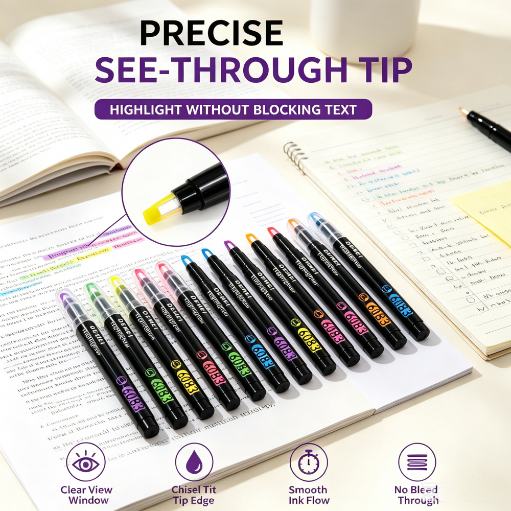 TEMU 12pcs See-through Window Tip Highlighters, Chisel Tip Highlighter Pens, Quick- Ink No-bleed Highlighters For Student Notes Exam Journaling,