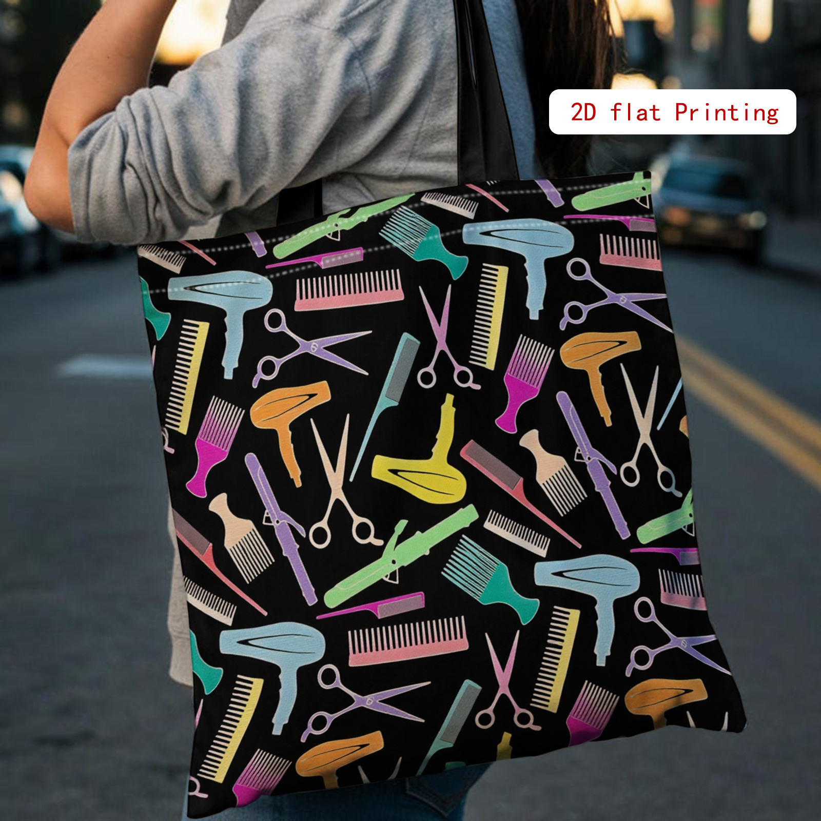 1pc Hairdressing Tools Print Tote Bag - Stylish Hair Stylist Design With Scissors, Combs & Hair Dryer Print, Lightweight Polyester For Women, Beauty School Gift, Casual Everyday Use (multicolor )