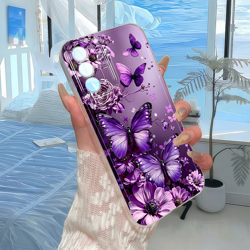 Husă Telefon - Husă Telefon cu Floare și Fluturi Violet pentru Samsung Galaxy A03S A04 A05S A06 A07 A13 A14 A15 A16 5G A17 A22 A23 A24 A25 A26 A32 A34 A35 A36 A37 A52 A53 A54 A55 A56 A57 S21 Ultra S22 Plus S23+ S24 FE S25 S26, Model Desene Animate, Transparentă, Anti-cădere, Acoperire Completă
