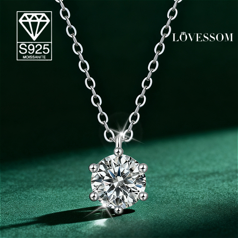 925 Silvery Moissanite Pendant Necklace with Classic Setting