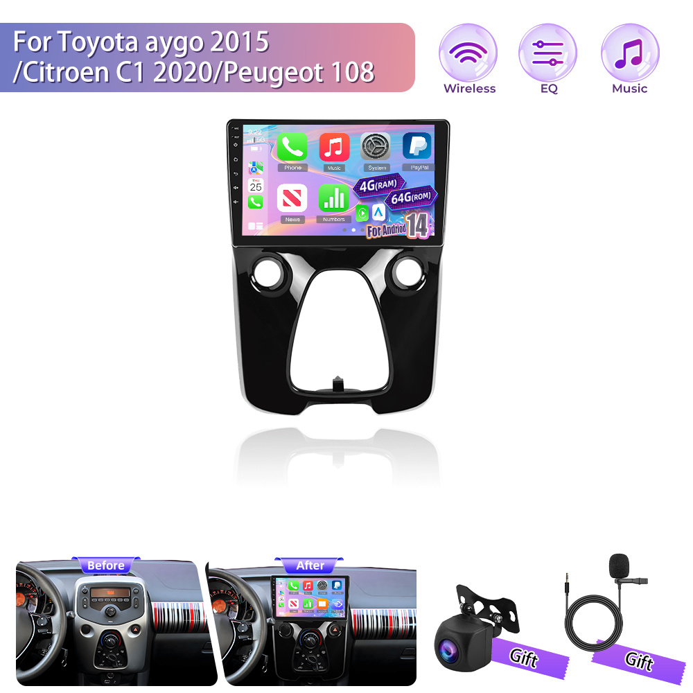 Image of [4+64g] Car Radio For Aygo 2015/ C1 2020/, 2din 10 Inch 14 Screen With Wireless Car Touch Screen/wireless 5.0/swc/fm/rds/wifi + Reversing Camera + Mic+ Car Frame +as A Gift