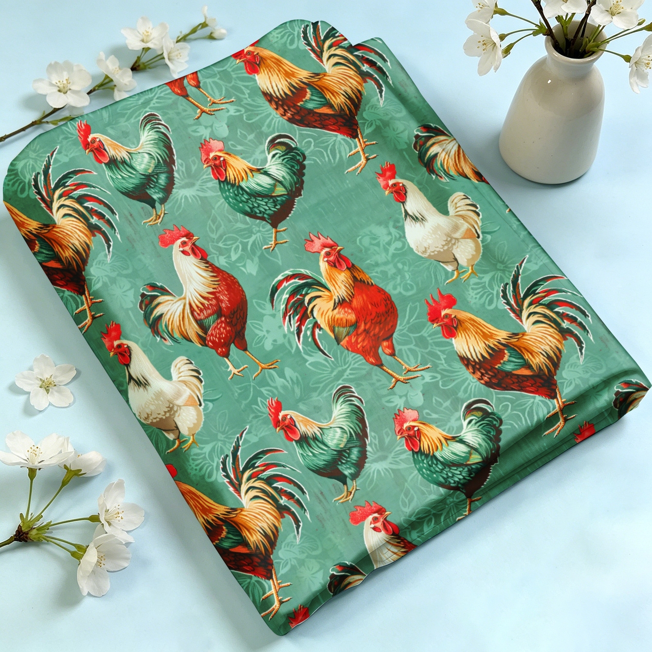 TEMU 1pc Floral Background Pattern With Colorful Rooster And Hen, Fabric, Available, Soft And Comfortable Material, Polyester Handcraft Cloth,