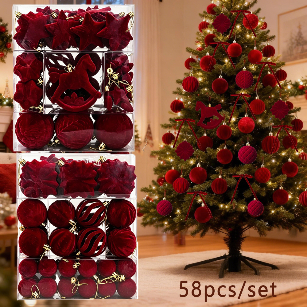 TEMU Set di 58 pezzi di accessori per decorazioni natalizie, con a dondolo, stella, palle di peluche, ornamenti per albero di Natale, decorazioni per
