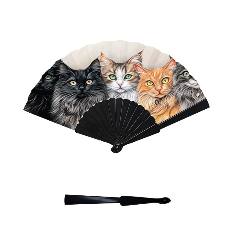 TEMU Cute Plush Kitten Group Portrait Printed Handheld Fan, Plastic Fan Bone Style, 1pc Pack, Portable And Lightweight Summer Cooling Accessory,