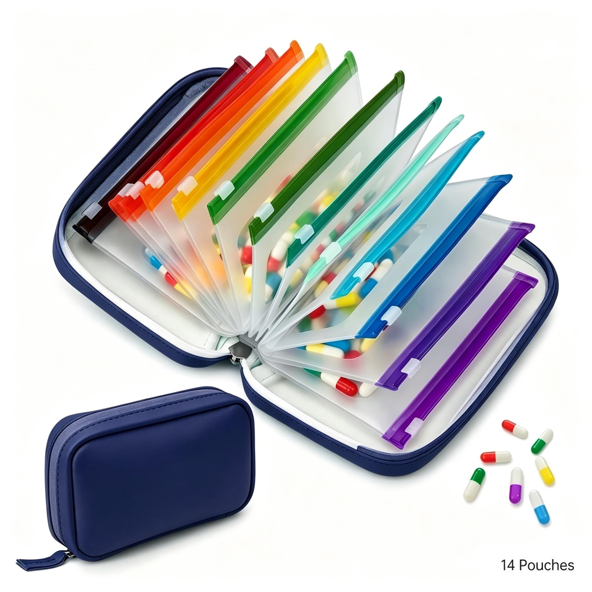 TEMU Customizable Personalized Text, 1 Pack A8 Waterproof Pill Bag Set, Large Weekly Pill Organizer With 14pcs Color-coded Bags, Reusable Travel