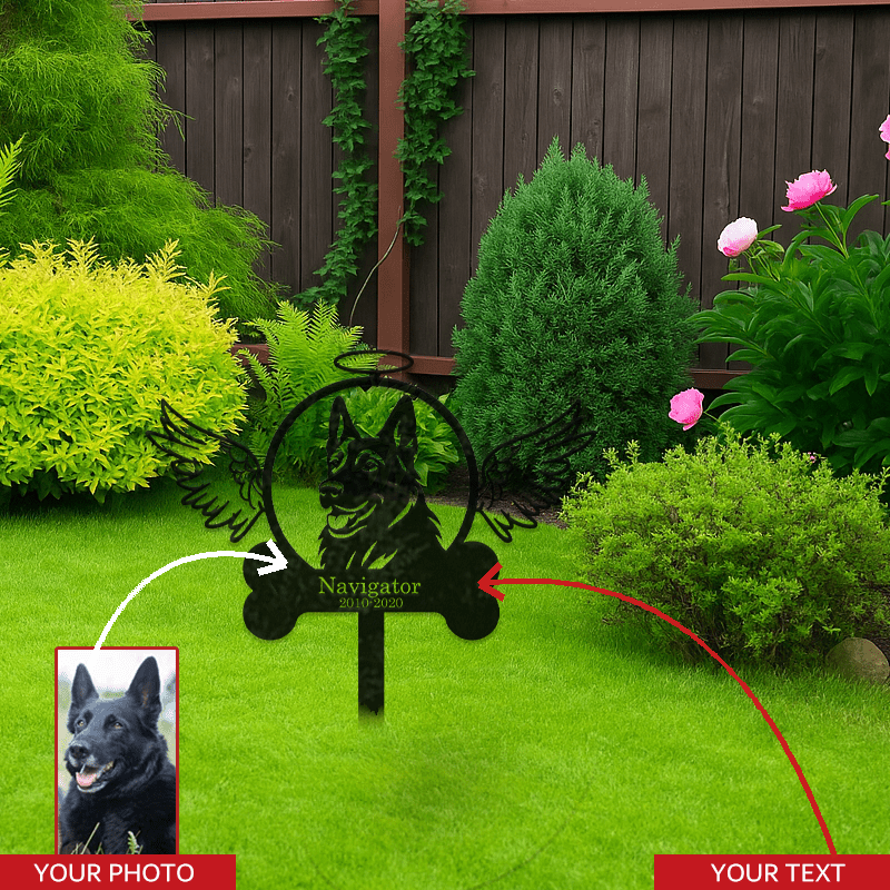 Customizable German Shepherd Memorial Stake with Hand-Drawn Angel Design