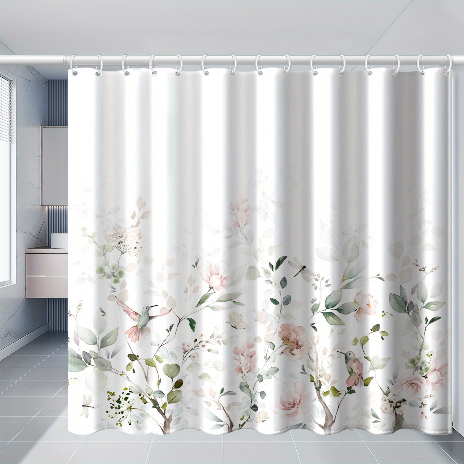 TEMU 1 stuks Lichtgekleurde Douchegordijn met Bloem- en Vogelprint, met Haken, Polyester Stof, Stijl voor Ramen en Muren, Badkuip Badkamer