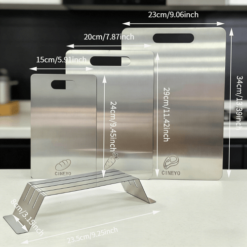 4pcs pure titanium cutting board 3pcs bracket is for the kitchen dishwasher safe and used for cutting boards for dough fruits vegetables and meat the bracket is beautiful easy to store and practical
