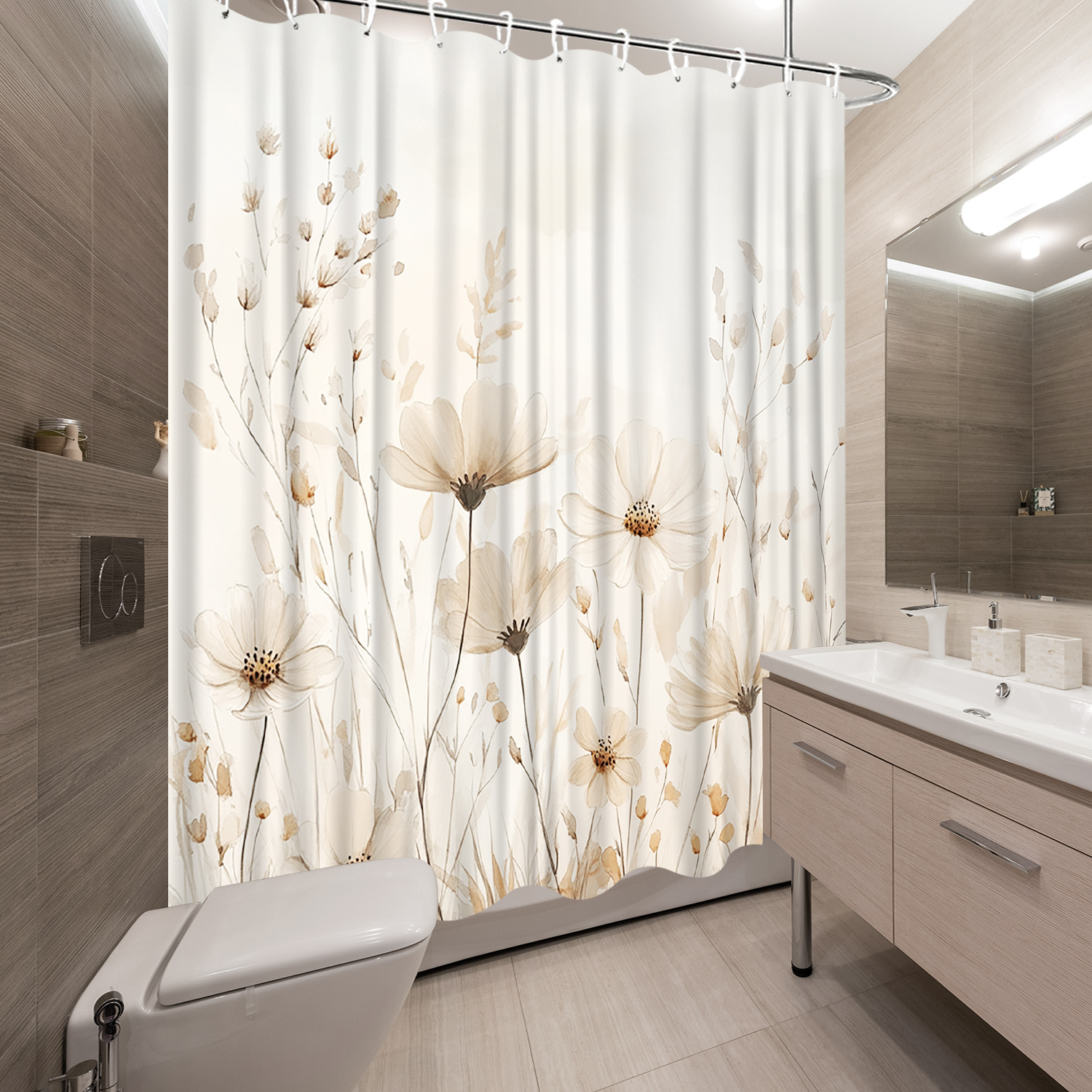TEMU 1 rideau de douche beige avec ciel serein - Décor de salle de bain - délicat beige avec tiges fines et fond ciel dégradé - 70,8x70,8 pouces avec