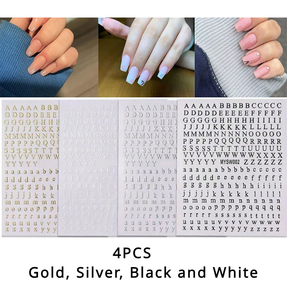 Image of 2pcs/4pcs Letters Nail Art Stickers English Alphabet Nail Decals 3d Self-adhesive Metallic Golden Silvery Nail Sticker Black Alphabet Nail Art Supplies For Women S Diy Nail Decoration Manicure
