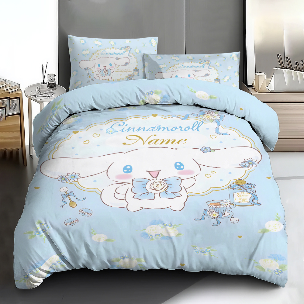 

3pcs Customizable Cinnamoroll Bedding Set - Personalized Name Polyester Duvet Cover Set With 2 Pillowcases, Soft Comfortable Printed Bedding For All , Machine Washable, Contemporary Style For Home &