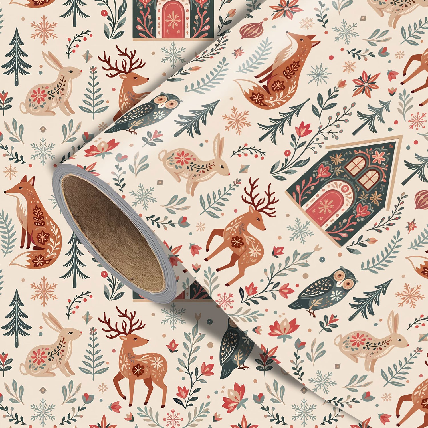 TEMU 1 Rolle Vintage Weihnachtsgeschenkpapier - Niedliche Weihnachts-Waldtier-Designs, Designs für die Feiertage - Abmessungen cm (17,7 Zoll x 118