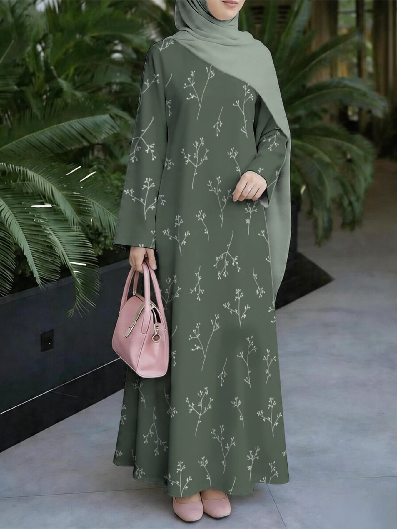 kuwait ladies dress middle eastern spring floral print long sleeve Halter Midi