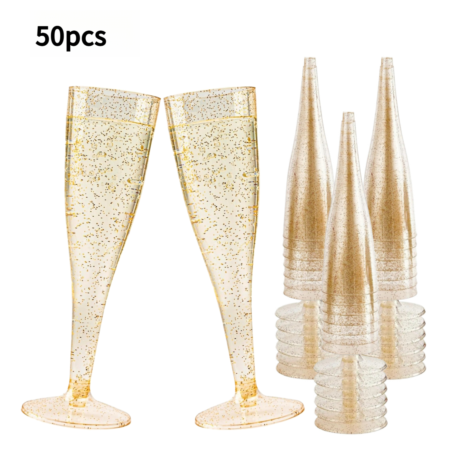 Image of 25/50pcs Transparent Golden Glitter Reusable Flutes - Stackable, Food-grade Ps Party Cups For Wedding, Birthday, Picnic & Events, Stylish & Easy To Store For Halloween、christmas