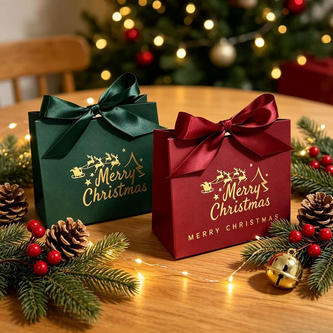 Image of 8pcs (4pcs Burgundy And 4pcs Green) New Premium Elegant Christmas Gift Boxes With "merry Christmas" Letters - Boxes, Red And Green - Sturdy Paper Construction
