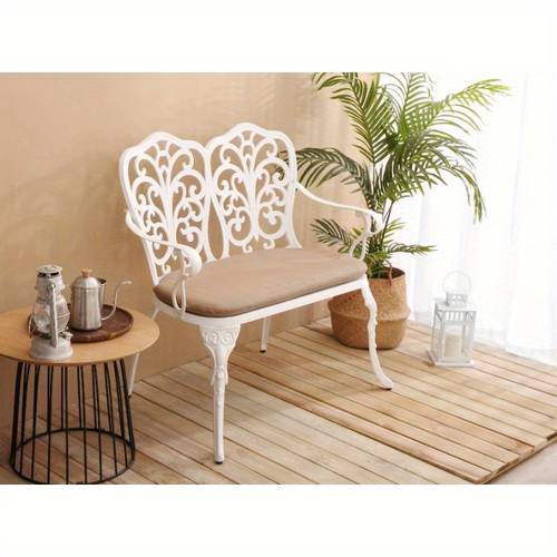 cast aluminum patio garden bench with design white cushion weather resistant outdoor armrest chair for lawn yard park decor durable metal furniture patio chair cushions backyard relaxation elegant seating furniture cushioned seating landscape designers