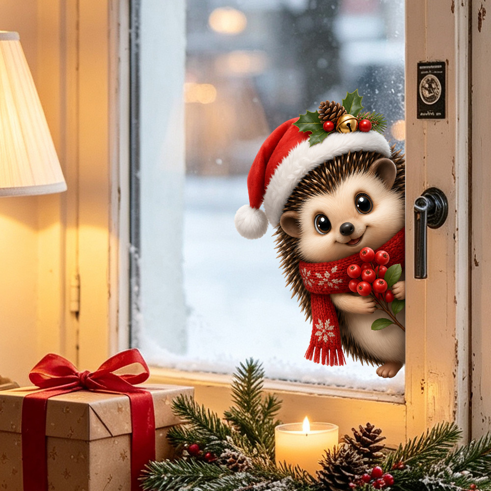 TEMU 1pc Cute Hedgehog And Berry Christmas Window Decal, Double-sided With A Hedgehog And Squirrel Peeking, Fun Interactive Decal With Berries, Santa