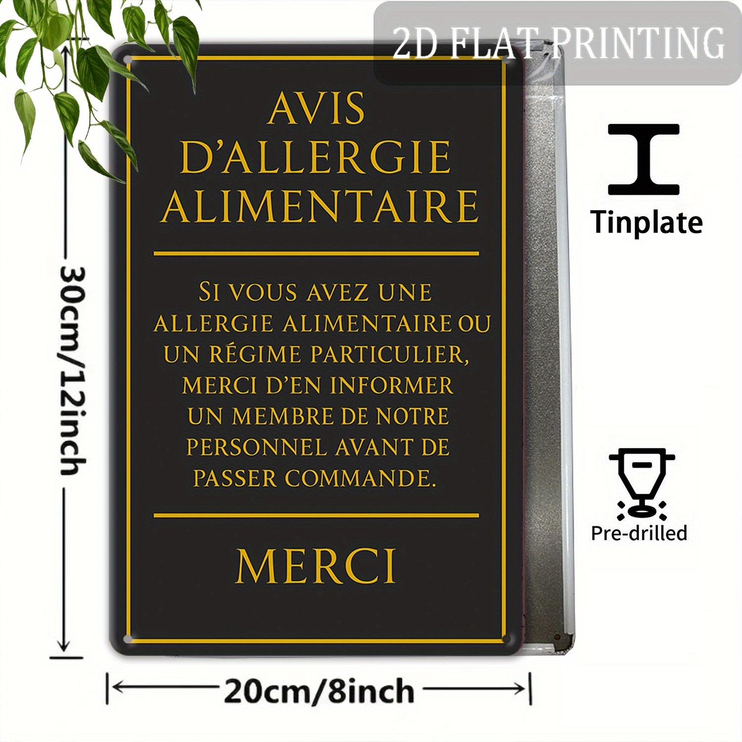TEMU 2D Plat - 1pc, Panneau Plat 2D, Avertissement sur les allergies alimentaires en français, Panneau en métal pour notifications d'allergies dans