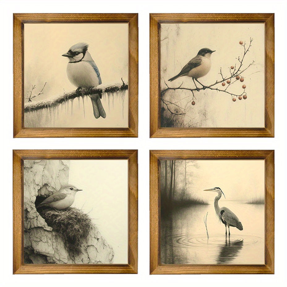 TEMU Lot de 4 peintures à l'huile de paysage 20x20 avec cadre en bois - Paysage rustique mural adapté pour ferme, café, bureau et jardin - Panneaux