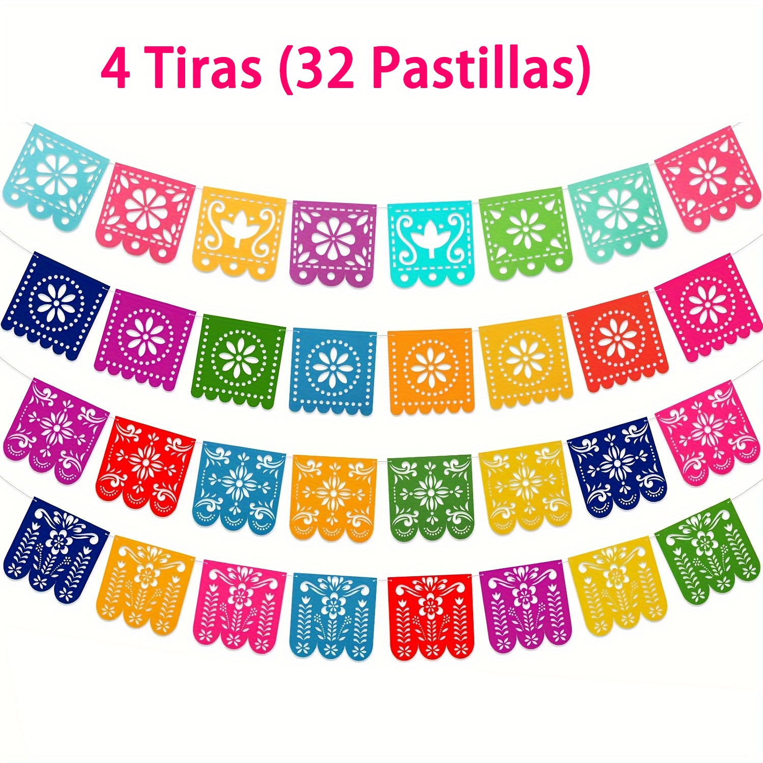 Image of 4 Tiras (32 Pastillas) Vibrant Mexican Party Decoration Banner Felt, Of The Dead Papel Picado Garland, Dia De Los Muertos Flower Wreath, May 5th , Carnival Birthday Shower Flag, Mexico Decor, Party