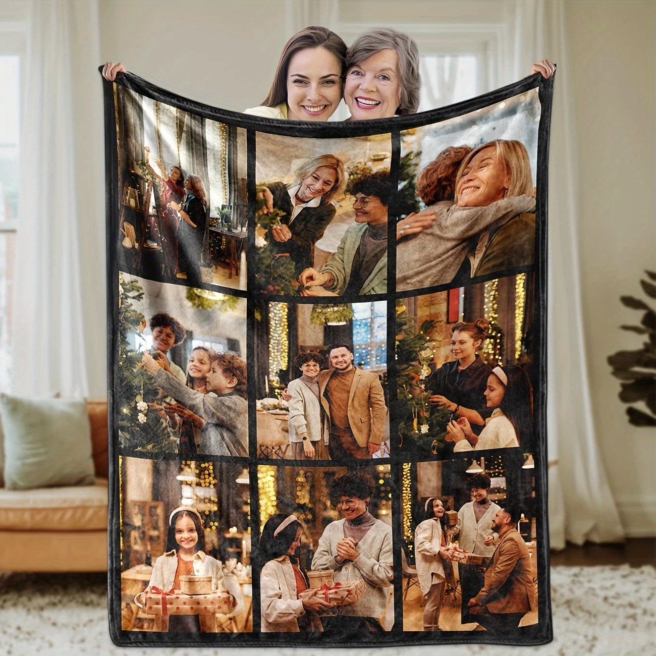 TEMU 280gms Personalized Plush Photo Blanket - Customize With 9 Photos, Perfect For Special Occasions And Vacation Memories. Comfortable And Warm For
