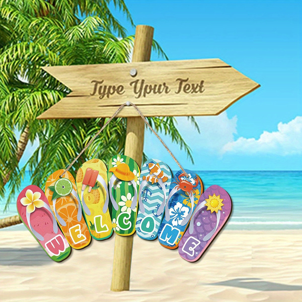 flip flops welcome sign wooden beach house decor, 12x6 inch